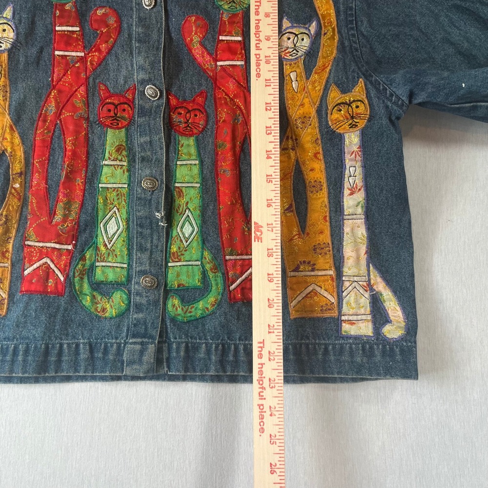 Tantrums Vintage Denim Jacket Women L Cat Patchwork Embroidered Art to Wear - Picture 9 of 16